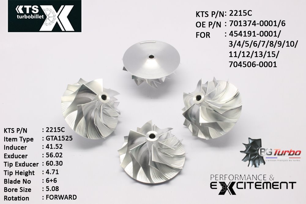 Turbo ROUE FORGÉE MFS PERFORMANCE - 6+6 PALES - INDUCER : 41,52 - EXDUCER : 56,02 - TYPE : GT15-25ANGLE : 60° - ROTATION : Forward - SUPER BACK : 2,39 - BORE SIZE : 5,08
